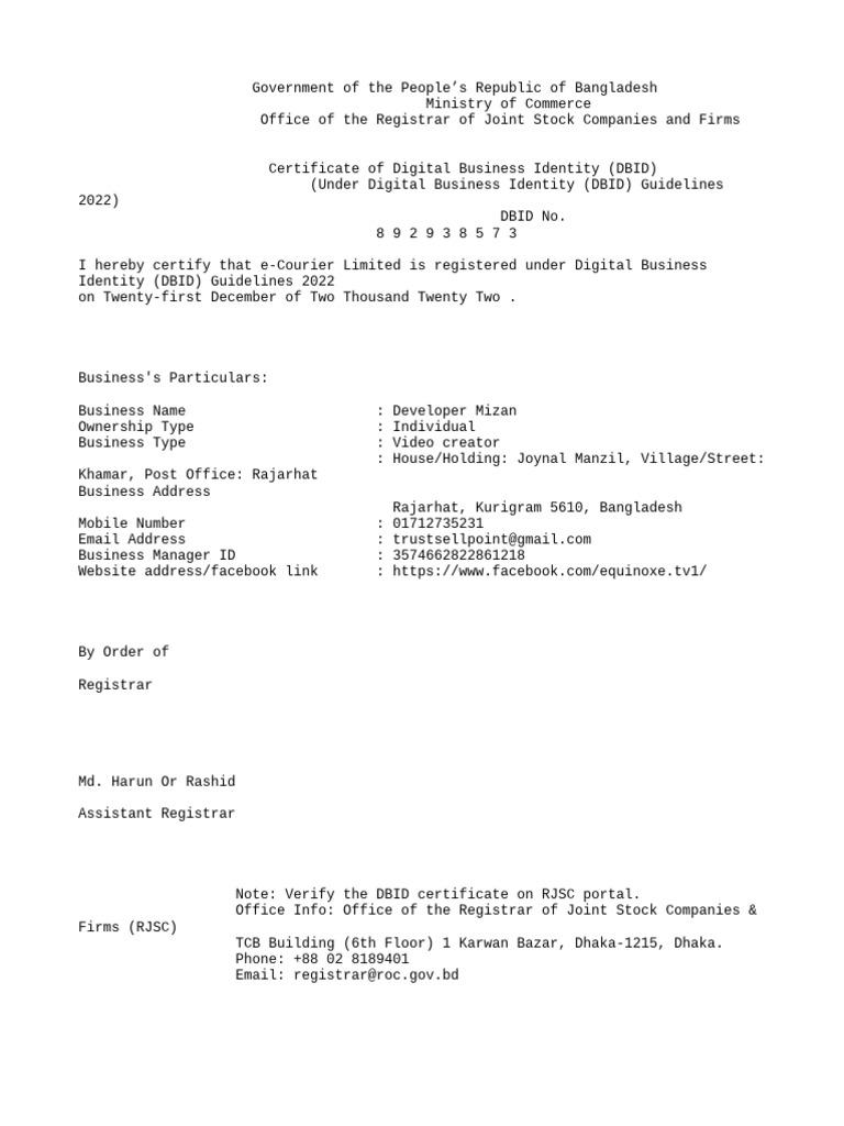 DBID Certificate for e-Courier Limited | PDF