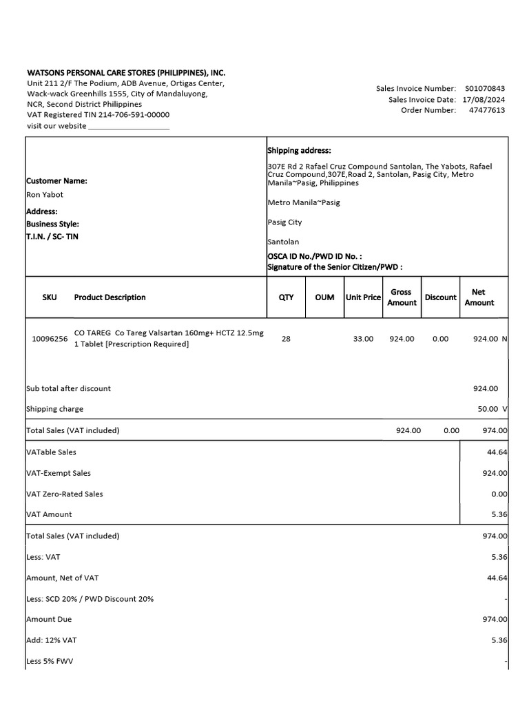 Watsons Receipt | PDF | Value Added Tax | Payments