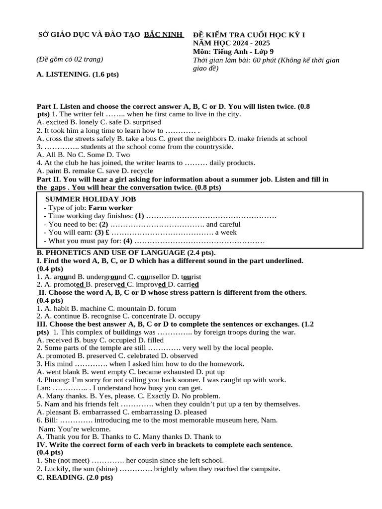 English Test for 9th Grade - Semester 1 | PDF