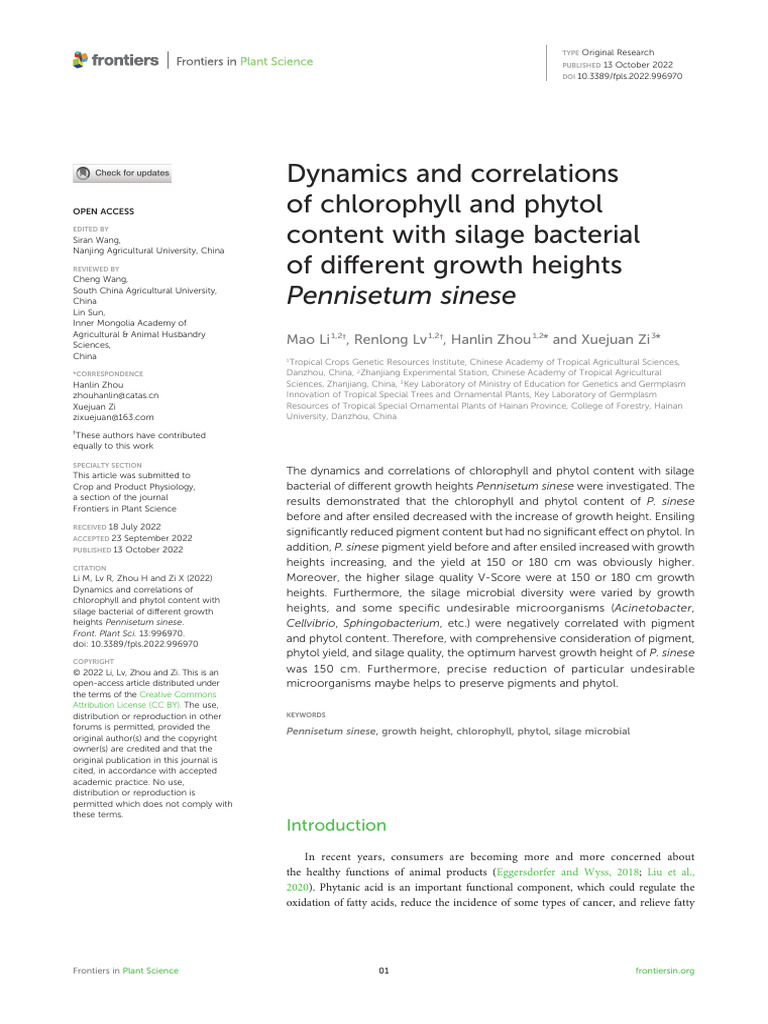 Dynamics and Correlations of Chlorophyll and Phytol Content With Silage ...