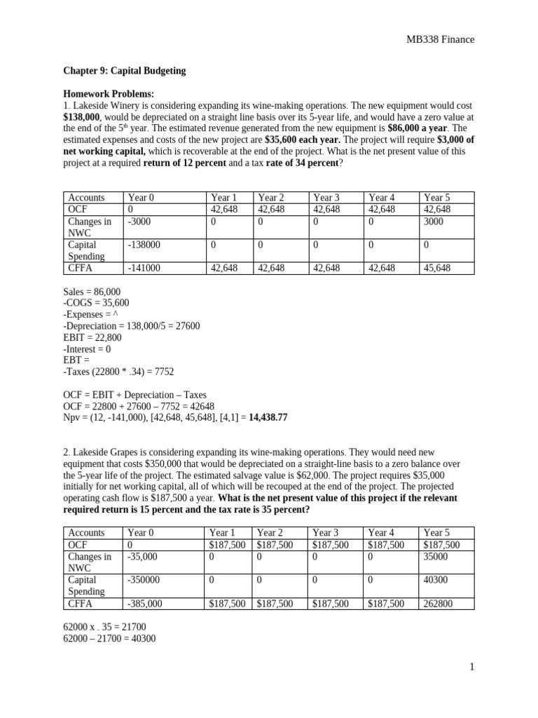 Capital Budgeting Homework Problems | PDF | Depreciation | Net Present ...