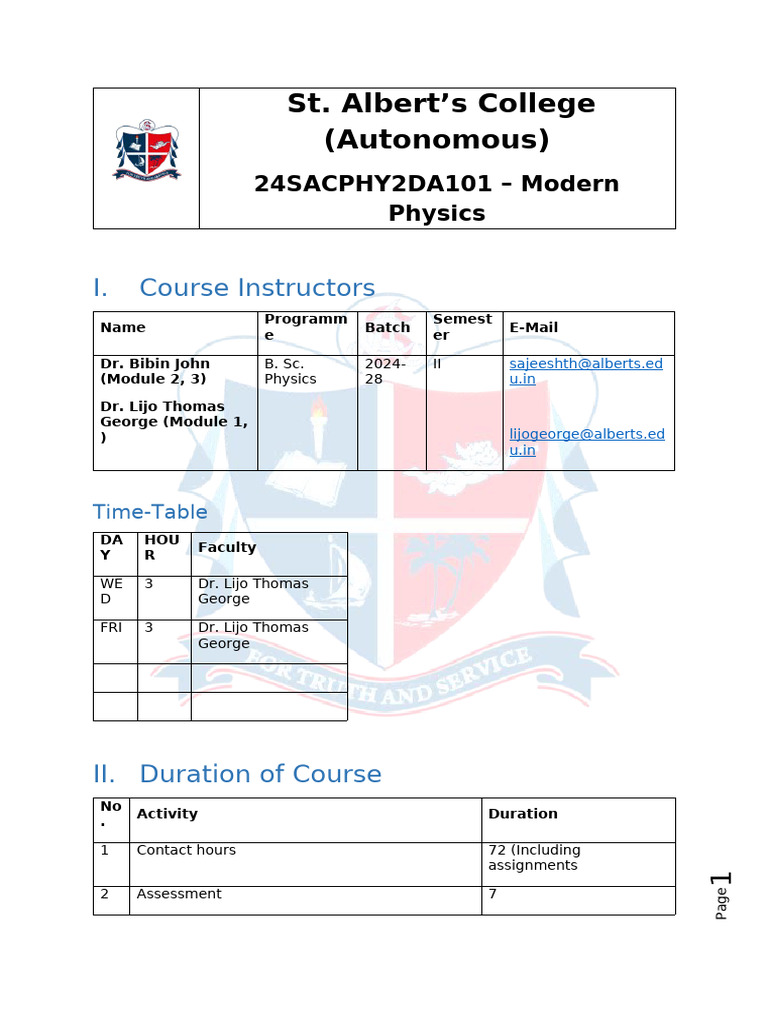 Modern Physics Course Overview 2024 | PDF | Atomic Orbital | Quantum ...