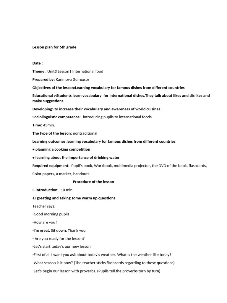 6th Grade Lesson Plan: International Food | PDF | Asian Cuisine | Cooking