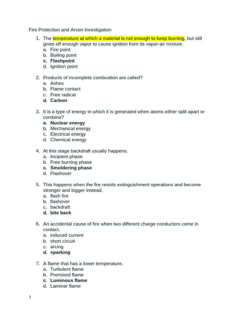 Fire Protection & Arson Quiz | PDF | Combustion | Fires