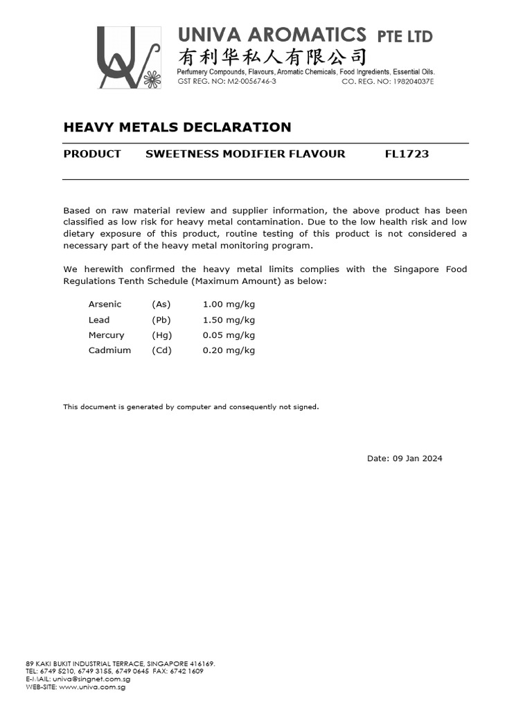 Fl1723 Sweetness Modifier Flavour #Heavy Metal Declaration | PDF