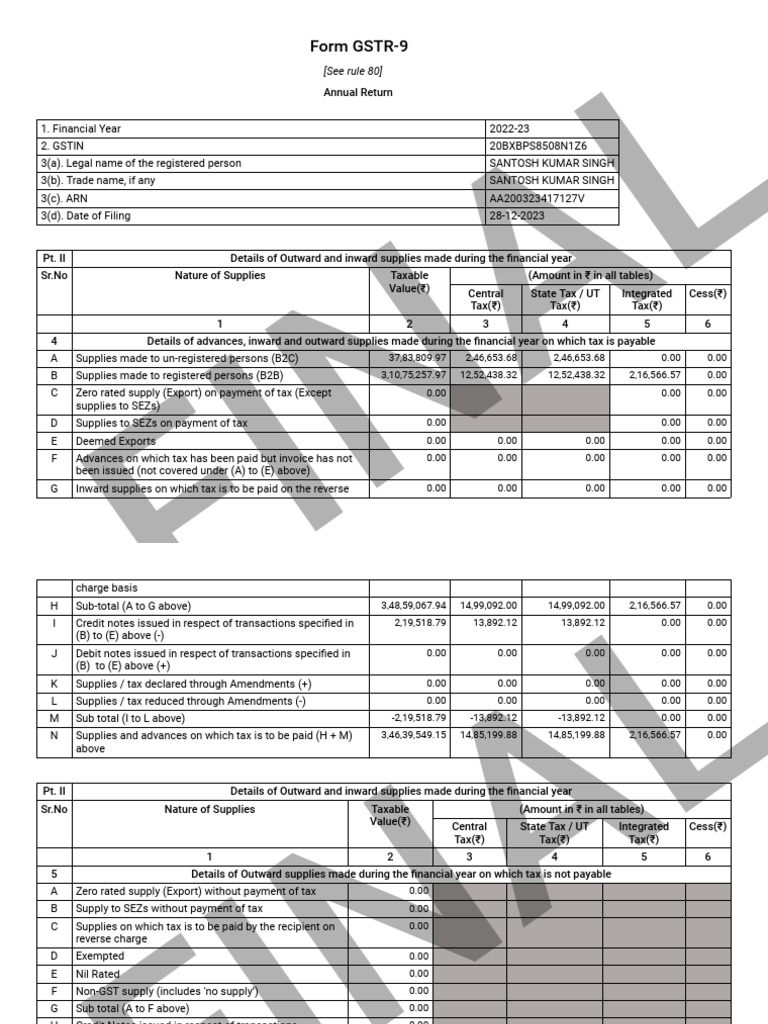 GSTR9 20BXBPS8508N1Z6 032023 | PDF | Taxes | Payments