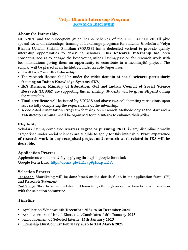 VBUSS Research Internship 2025 Details | PDF