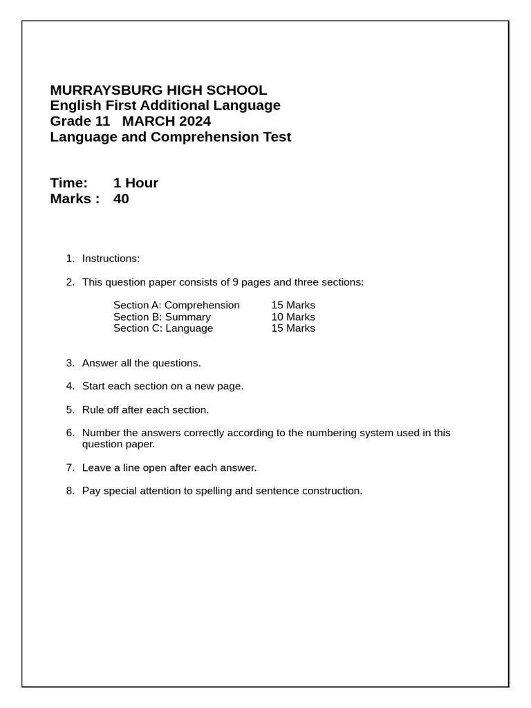 Grade 11 English Test: March 2024 | PDF | Verb | Noun