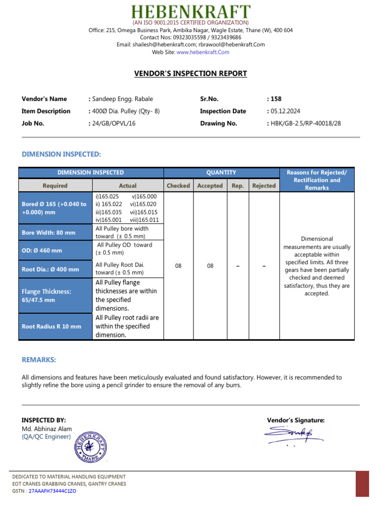 Vendor Inspection Report for Pulley Dimensions | PDF