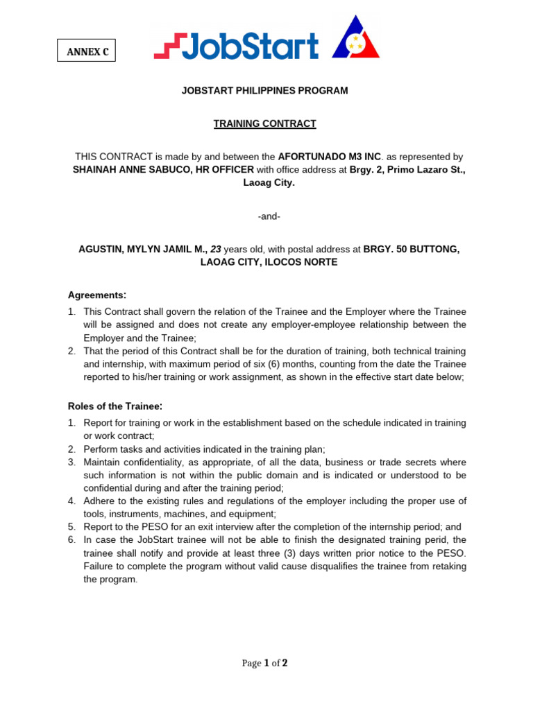 Annex C - JobStart Training Contract | PDF | Economies | Business Law