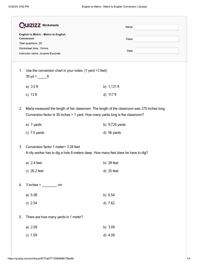 Metric to English Conversion Worksheets | PDF | Foot (Unit) | Yard