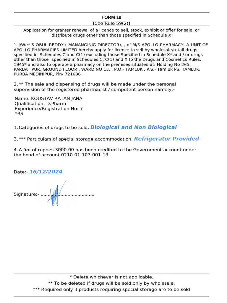 Renewal Application for Drug Licence | PDF