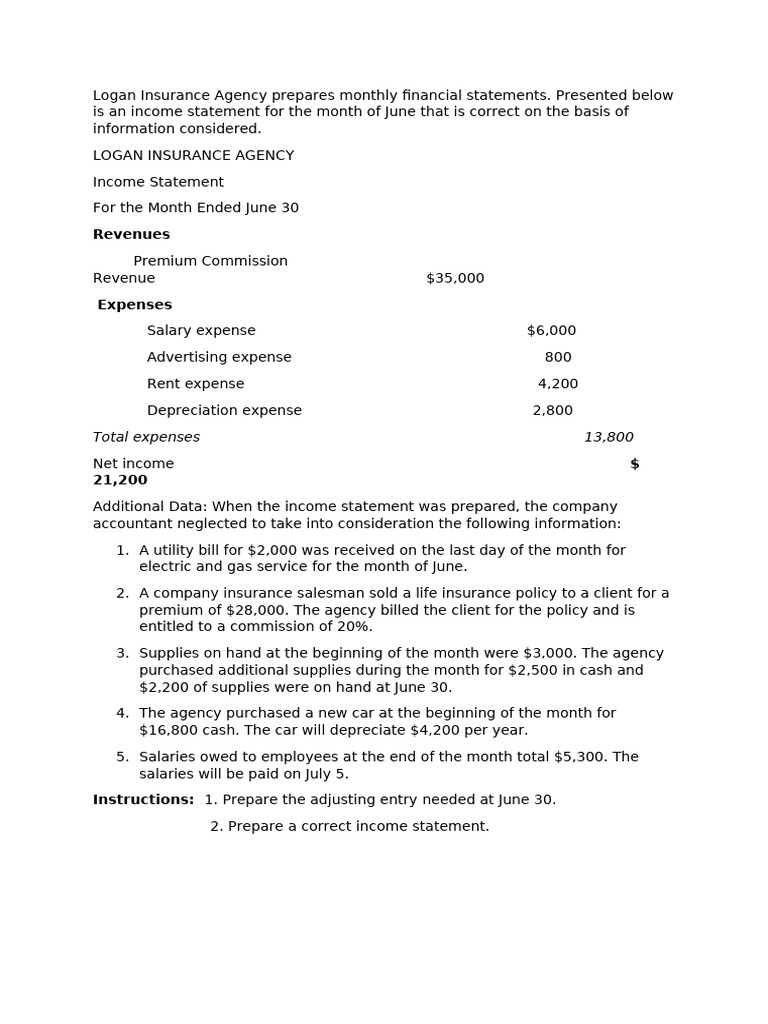 Logan Insurance Agency Prepares Monthly Financial Statements | PDF