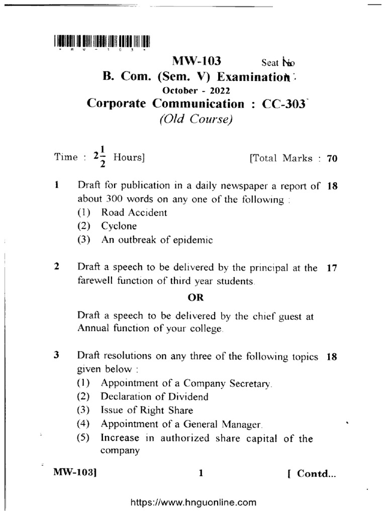 Bcom 5 Sem Corporate Communication MW 103 Oct 2022 | PDF