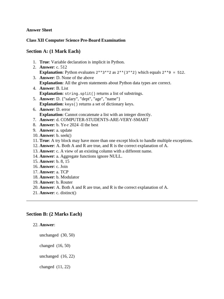Answer Sheet for Class XII PREBOARD-I | PDF | Python (Programming ...