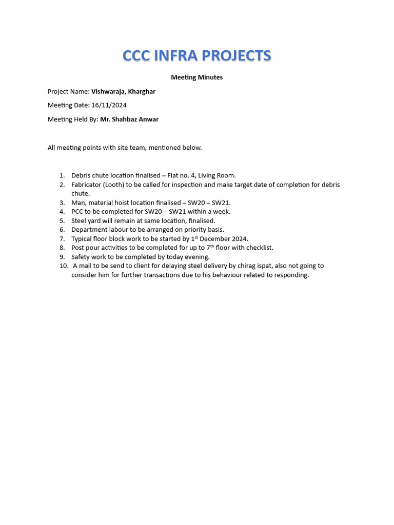 Kharghar Project Meeting Minutes Summary | PDF