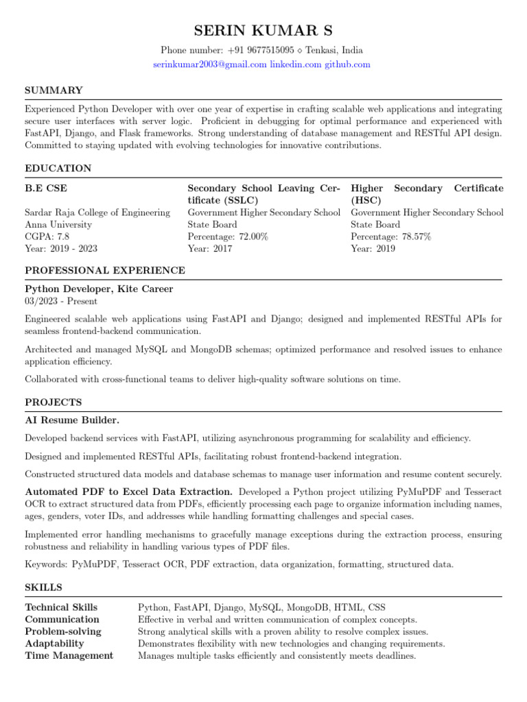Python Developer Resume - Serin Kumar | PDF | Databases | Python ...