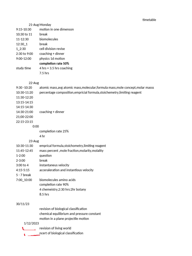 Study Timetable for Science Subjects | PDF