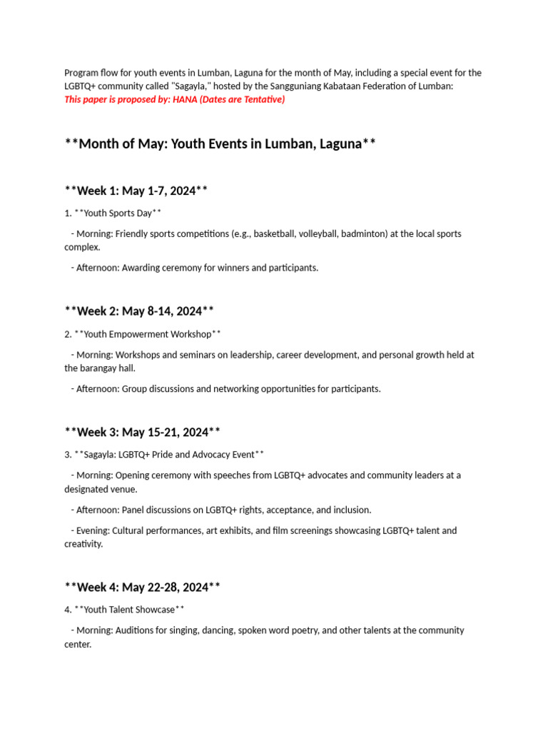 Program Flow For Youth Events in Lumban, Laguna Month of May | PDF