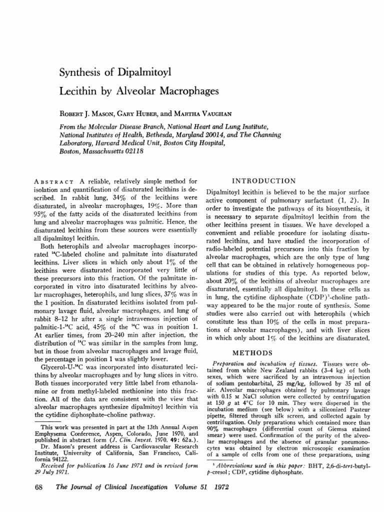 Synthesis of Dipalmitoyl Lecithin by Alveolar Macrophages J. Mason, Huber PDF Lung