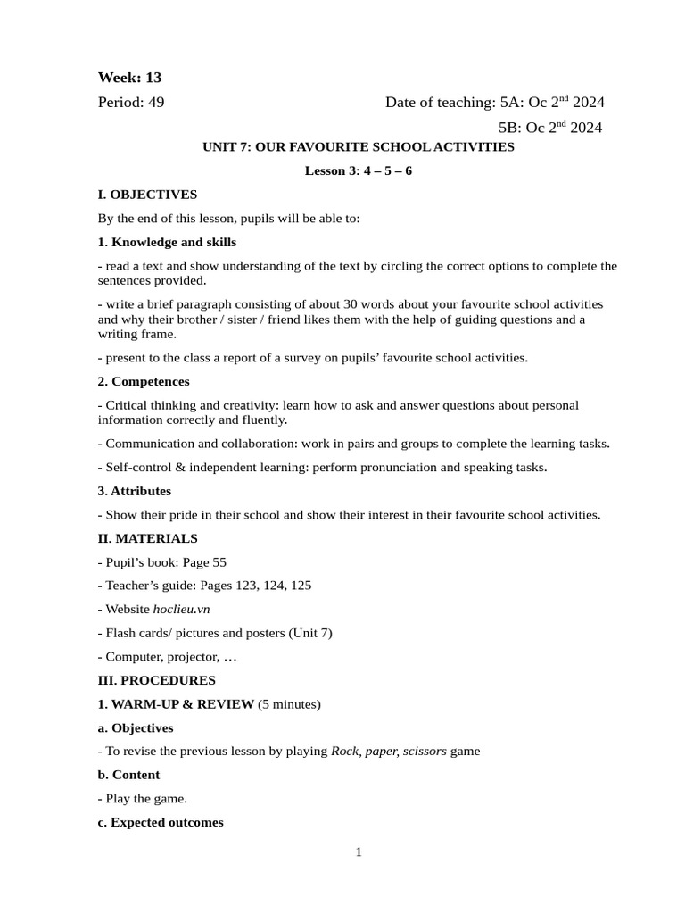 School Activities Lesson Plan 5A/5B | PDF | Reading Comprehension ...