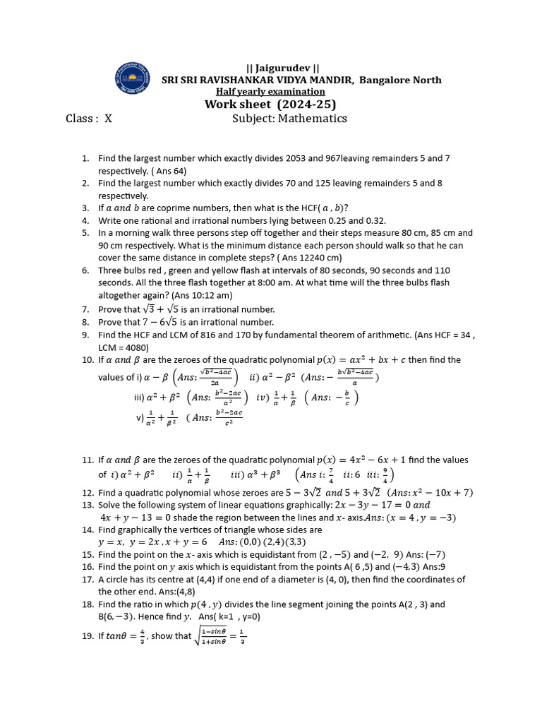 Class X Mathematics Exam Worksheet | PDF | Sphere | Quadratic Equation
