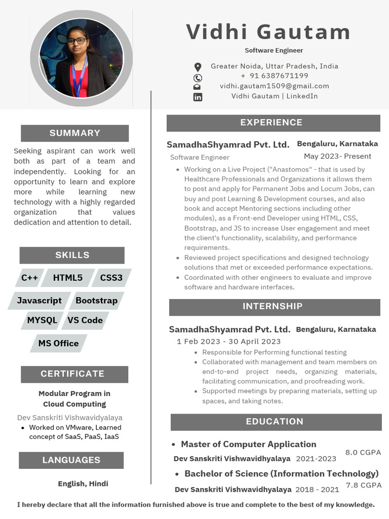Vidhi Gautam: Software Engineer Profile | PDF | Software Engineering ...