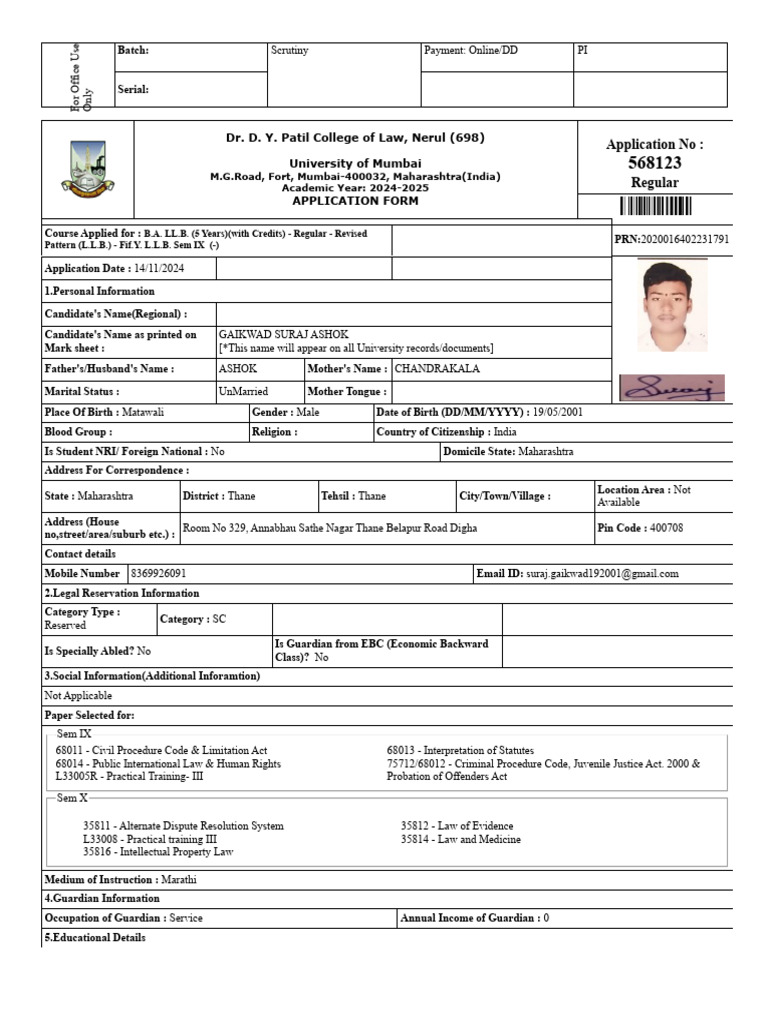B.A. LL.B. Application Form 2024-2025 | PDF | Justice | Crime & Violence
