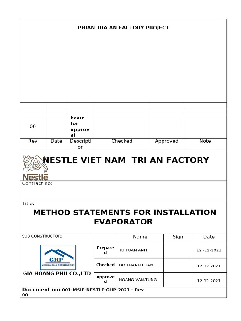 Evaporator Installation Method Statement | PDF | Personal Protective ...