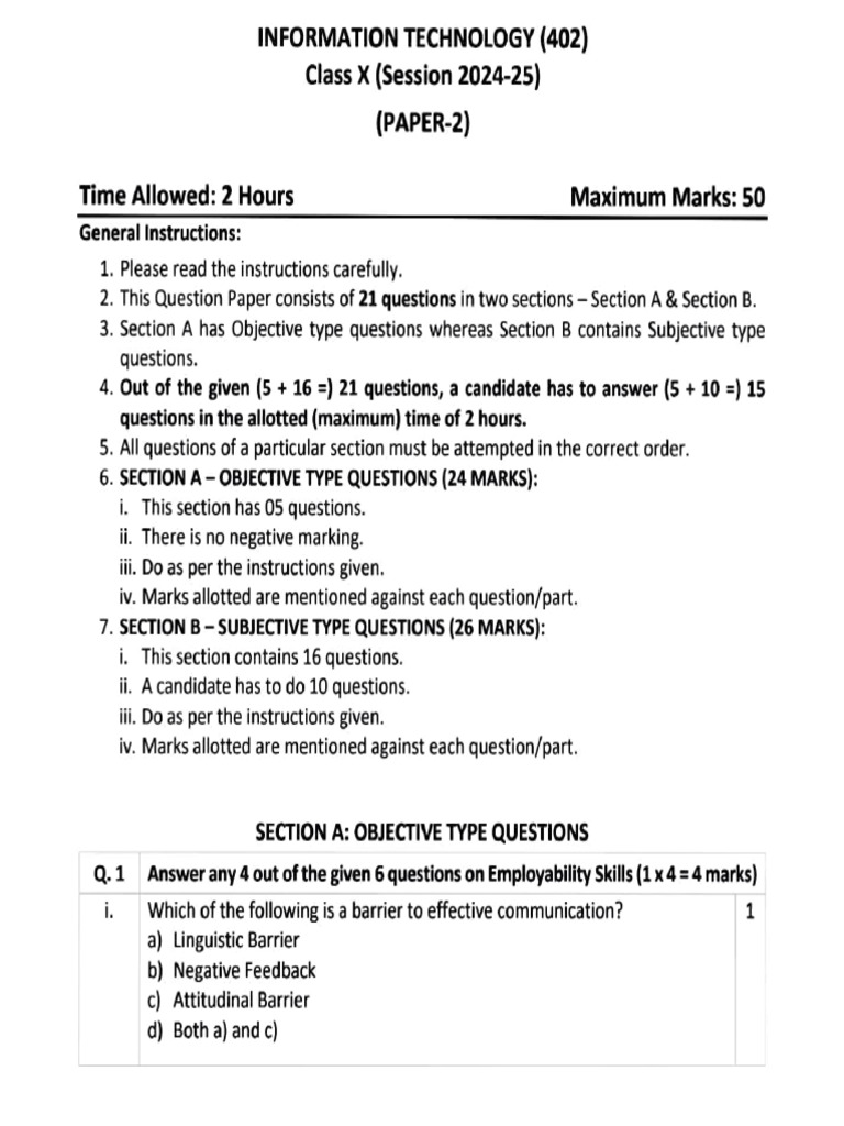 IT Question Paper for Class X | PDF | Databases | Computing