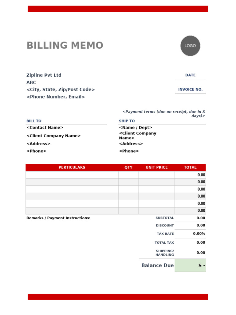 Zipline Pvt Ltd Billing Memo Template | PDF