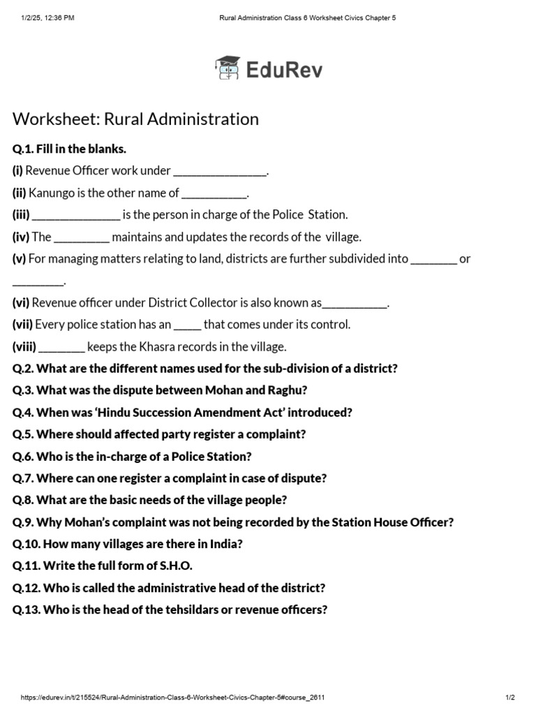 Rural Administration Class 6 Worksheet Civics Chapter 5 PDF Justice