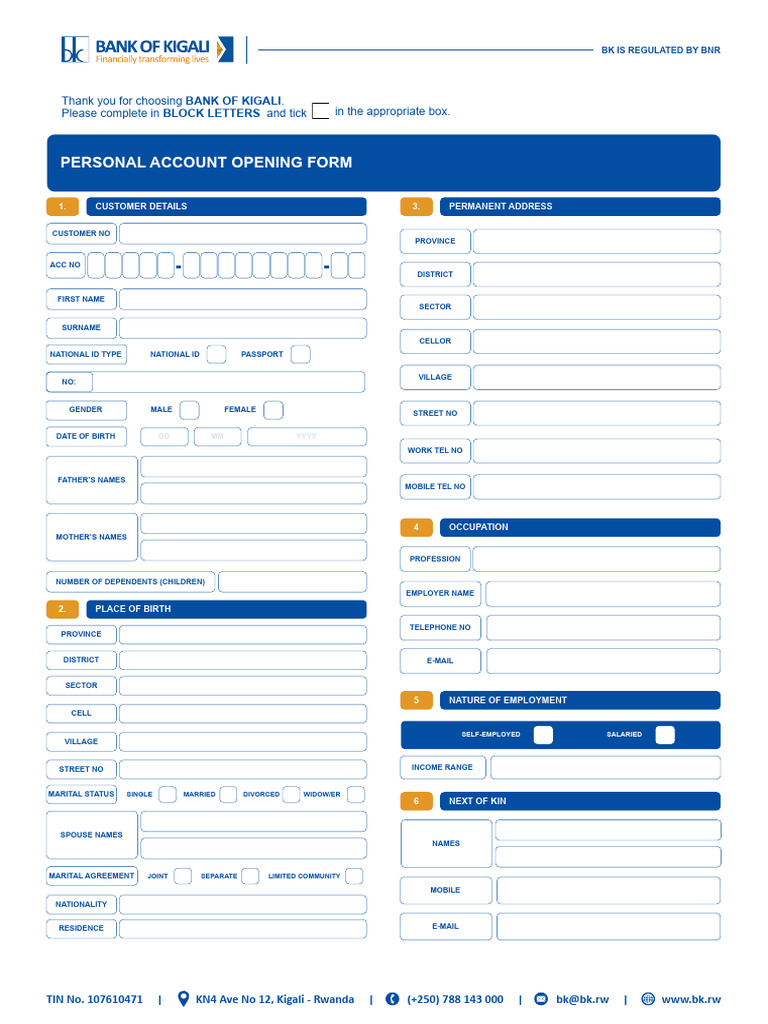 Bank of Kigali Personal Account Form | PDF | Payments | Taxes