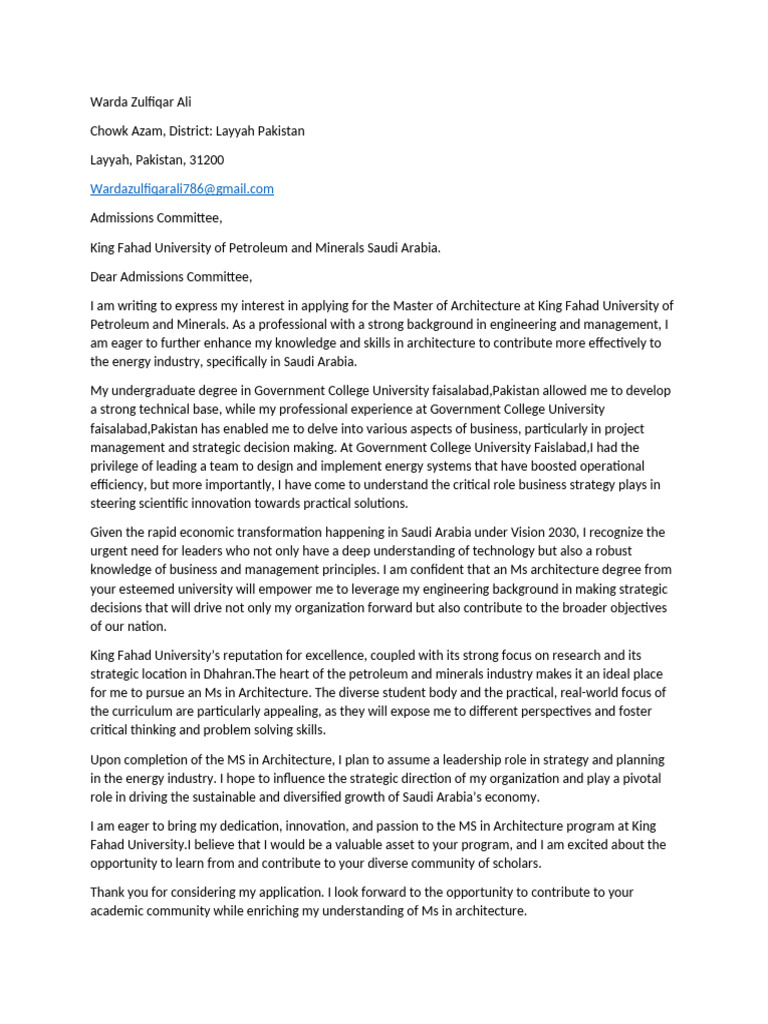 Master of Architecture Application Letter | PDF | Cognition