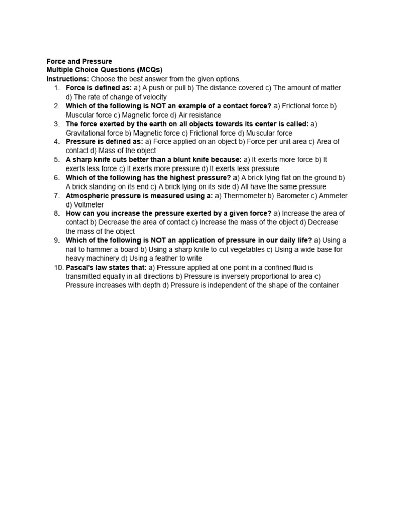 Class 8 MCQs on Force and Pressure | PDF