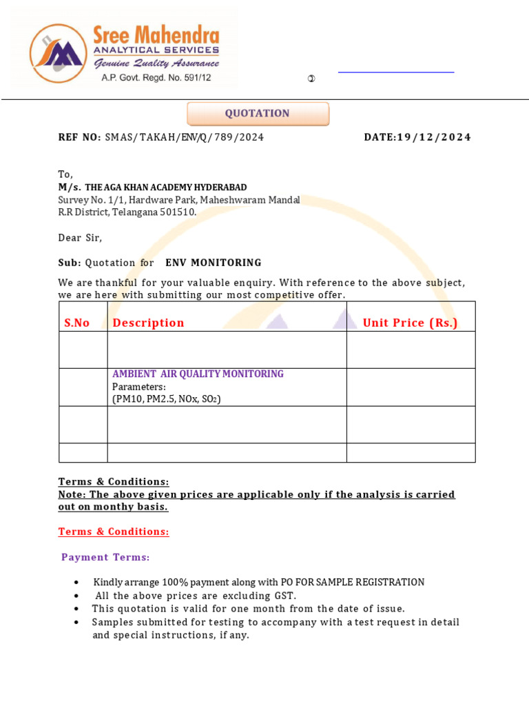 Quotation for Environmental Monitoring | PDF
