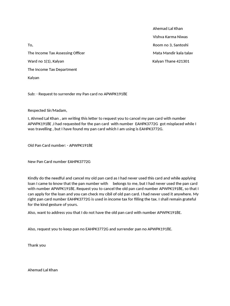 Request to Cancel PAN Card APWPK1918E | PDF