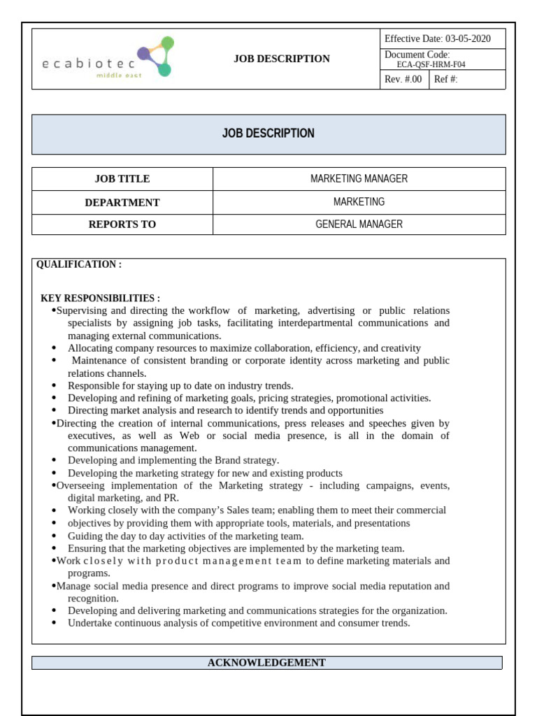 Marketing Manager Job Description | PDF | Marketing | Marketing Strategy