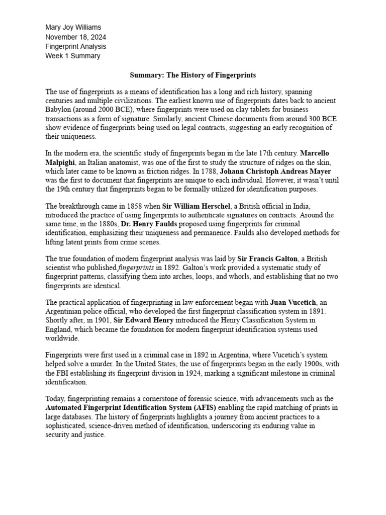 History of Fingerprint Analysis | PDF | Fingerprint | Law Enforcement ...