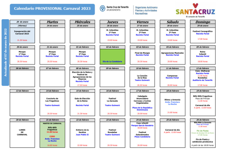 Calendario Carnaval 2023 | PDF | Carnaval | Fiestas cristianas y días ...