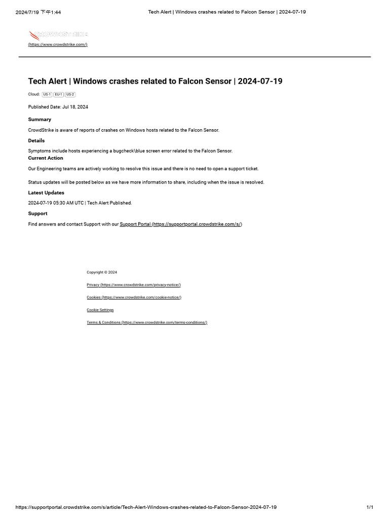 Tech Alert - Windows Crashes Related To Falcon Sensor - 2024-07-19 | PDF