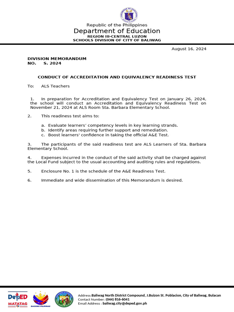 A&E Readiness Test for ALS Learners | PDF