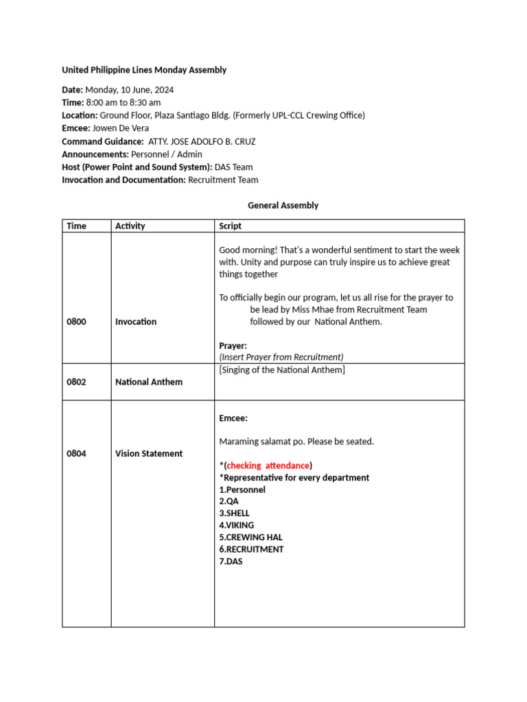 UPL Monday Assembly Agenda - June 2024 | PDF