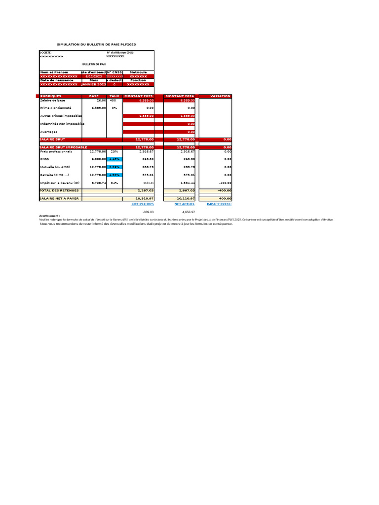 Simulation Bulletin de Paie PLF 2025 | PDF | Impôt sur le revenu ...