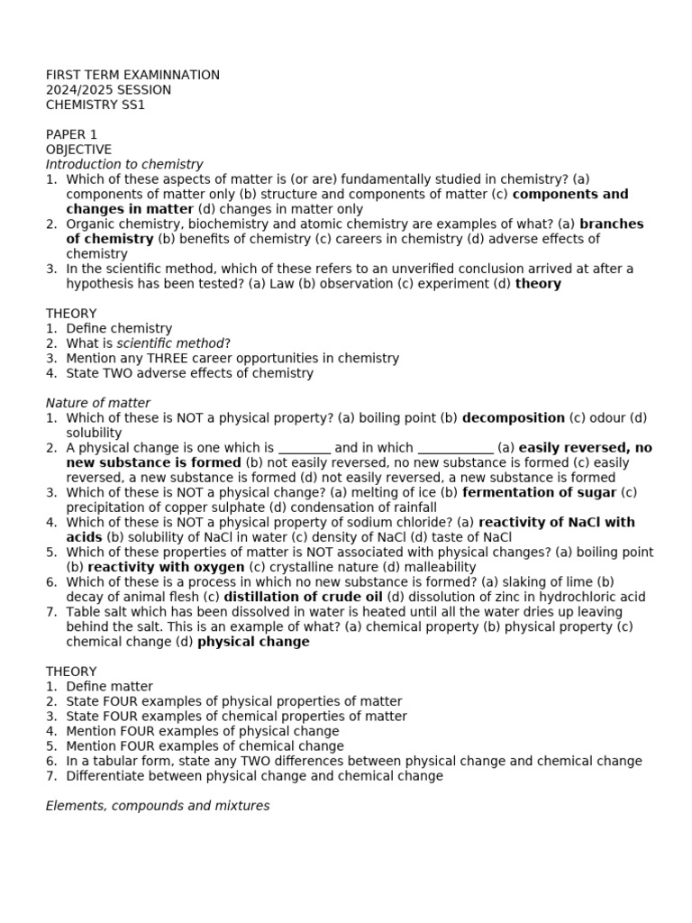 Chemistry SS1 First Term Exam 2024 | PDF | Chemical Bond | Gases