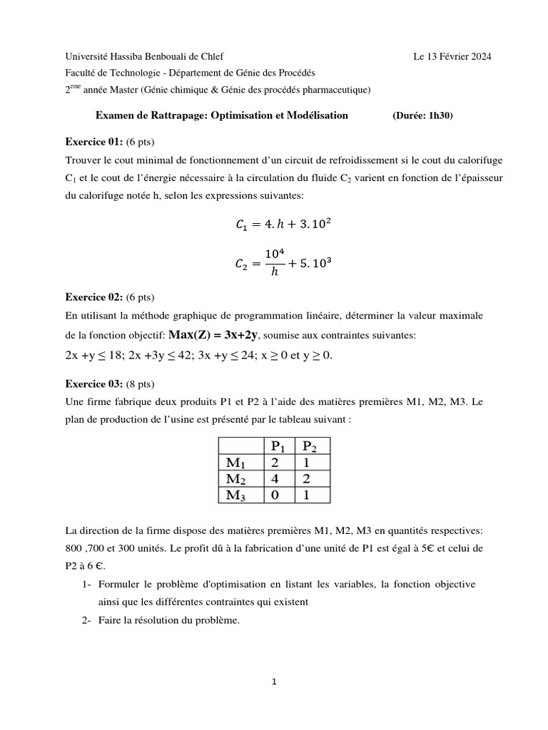 Examen de Rattrapage en Optimisation | PDF