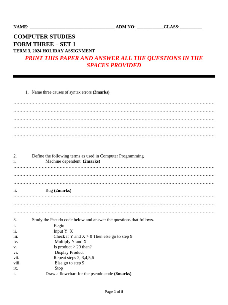 Computer Studies Term 3 Holiday Assignment | PDF | Office Equipment ...