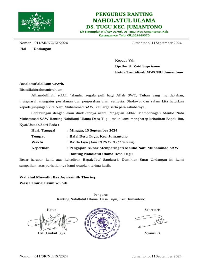 Undangan Ranting NU TUGU MAULID | PDF