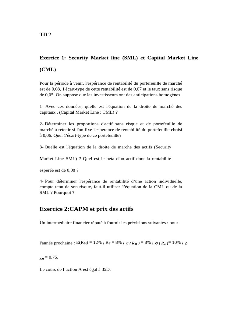 Analyse CML et SML en finance | PDF