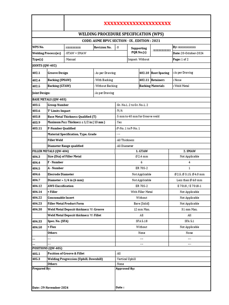 WPS for P1 to P1 SMAW/GTAW Welding | PDF | Welding | Construction